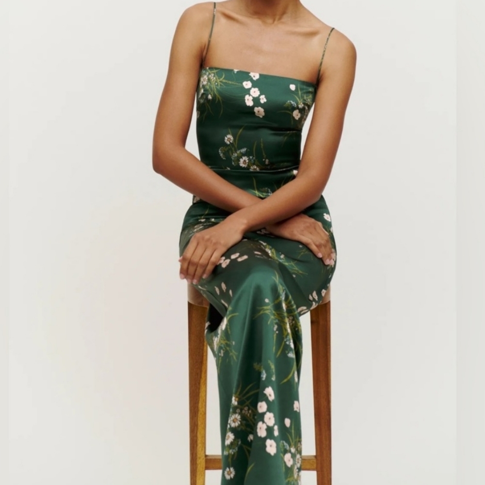 Reformation Frankie silk slip dress-dark green (size 4 remaining) NWOT - Picture 3 of 16